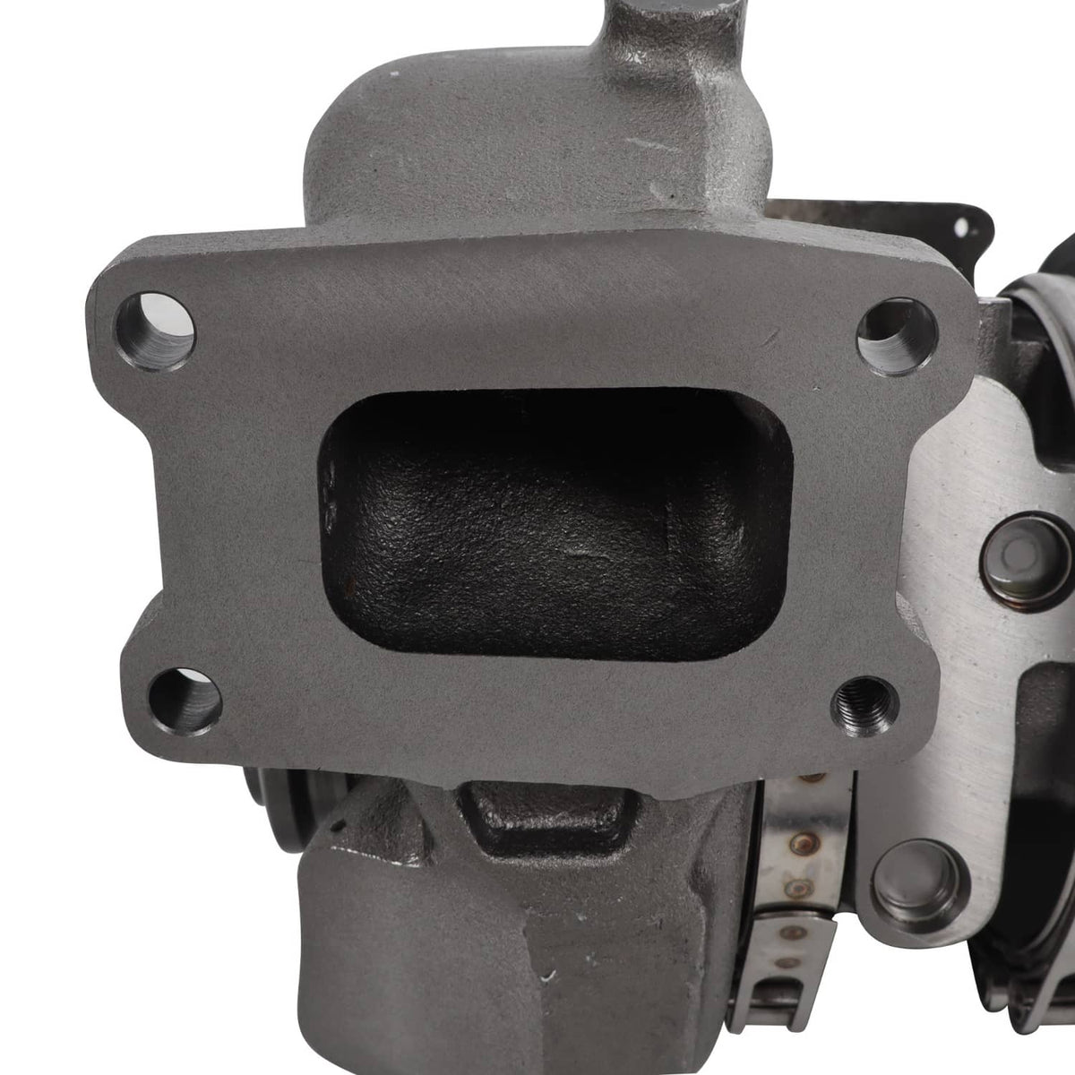 Turbocharger housing with inlet opening and mounting bolt holes
