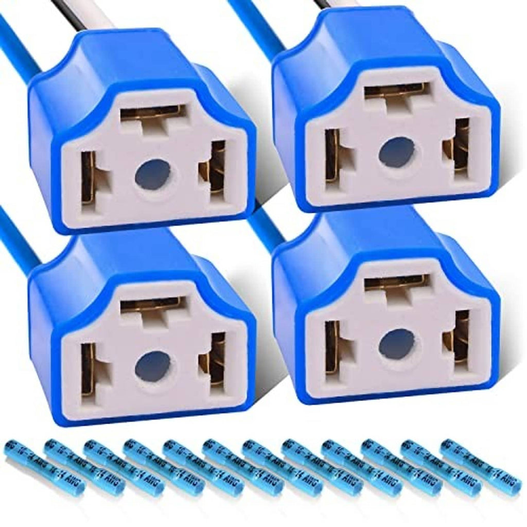 Four headlight wiring harness connectors with blue housings, white ceramic base, and lead wires