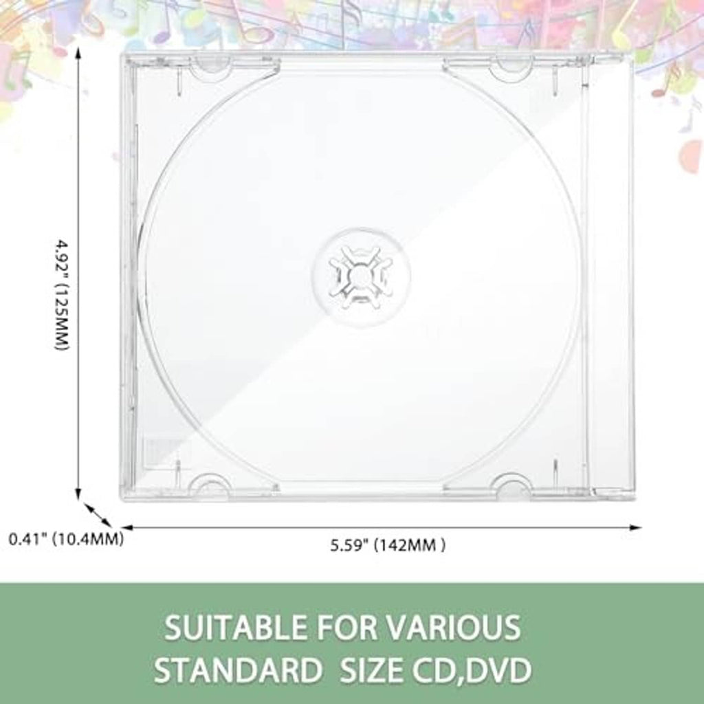 Clear CD jewel case front view with size dimensions for standard CD/DVD fit