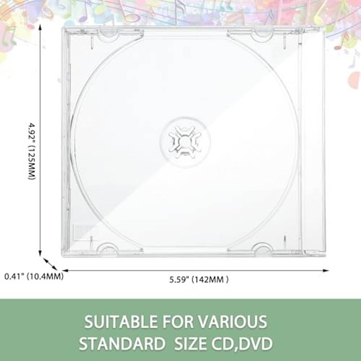 Clear CD jewel case front view with size dimensions for standard CD/DVD fit