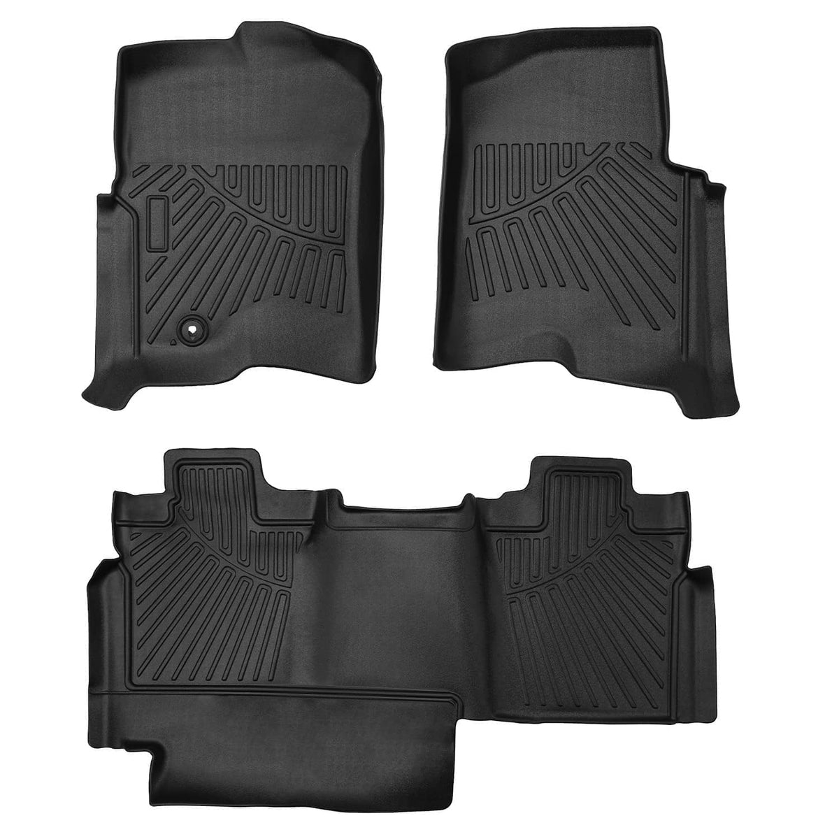 Black front and rear floor liner mats set with molded grip ridges and channels