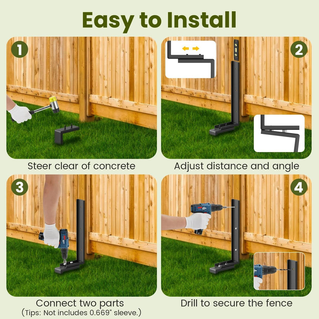 Black steel fence post repair stakes being positioned at wooden fence posts