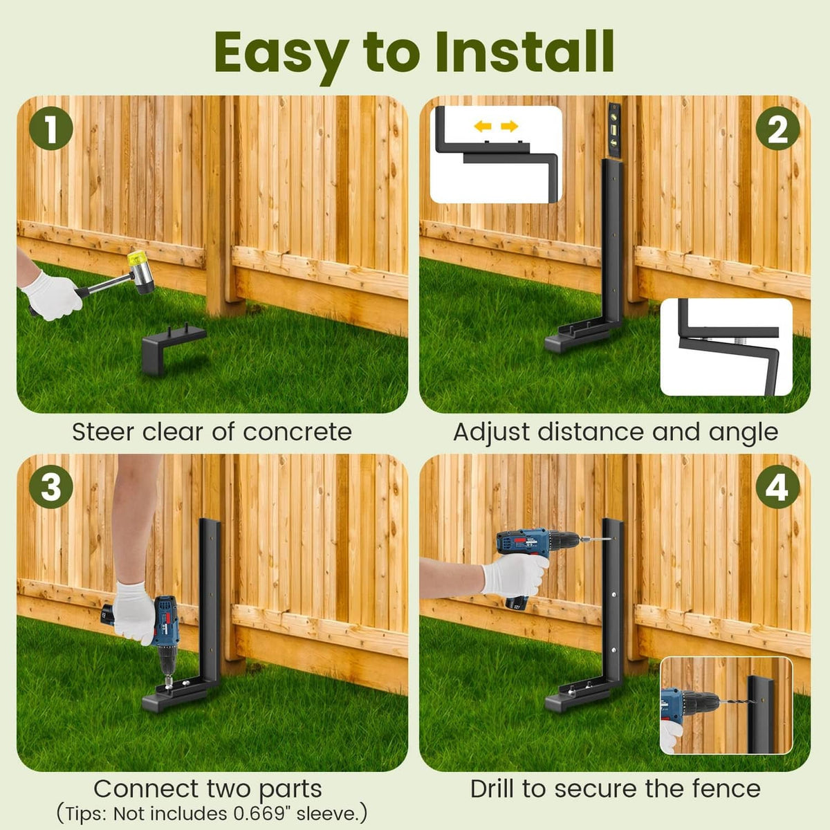 Black steel fence post repair stakes being positioned at wooden fence posts