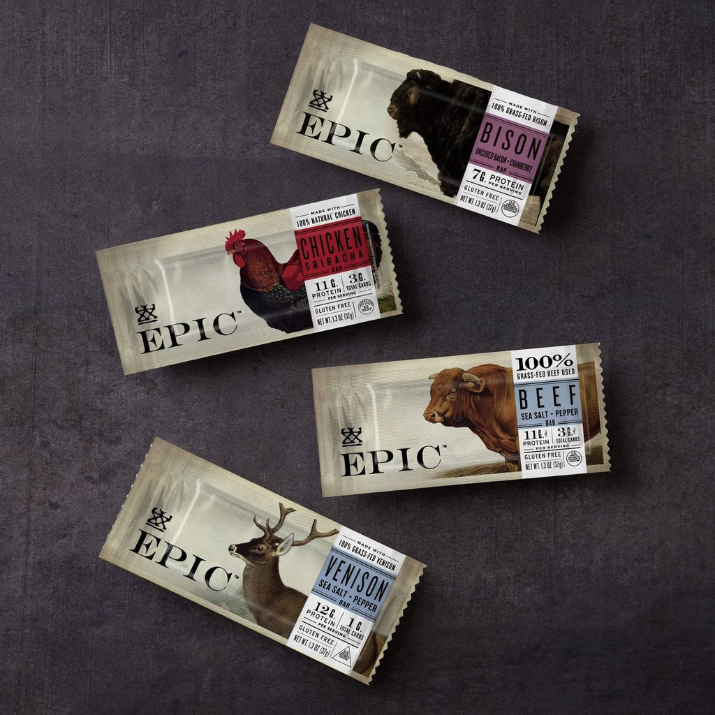 Epic snack bar assortment featuring Venison Sea Salt + Pepper Bar packets