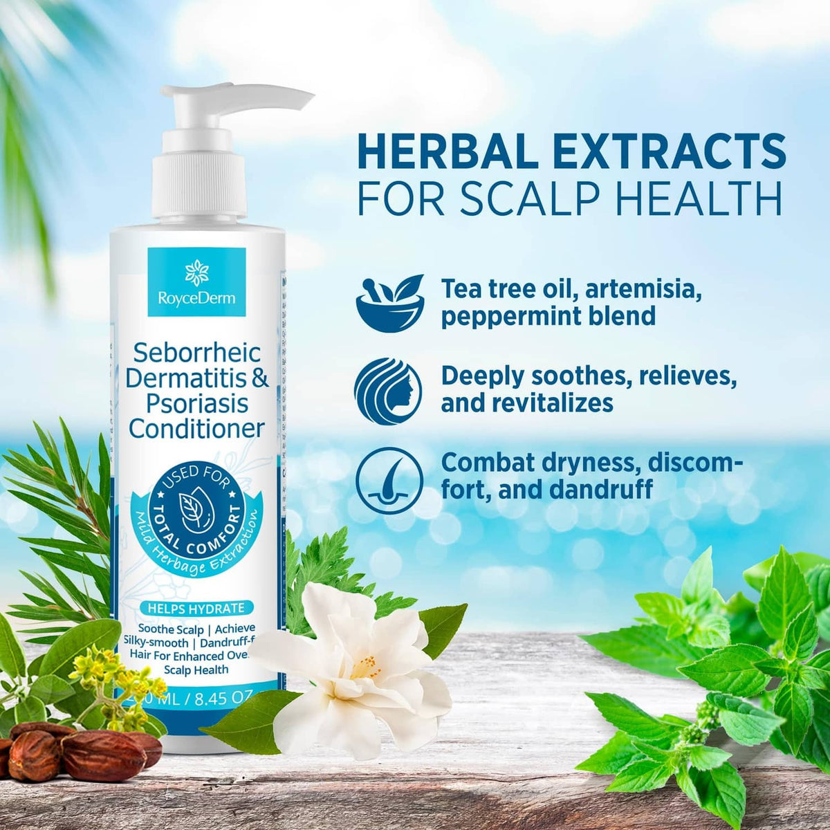 White pump conditioner bottle with herbal extracts ingredient visuals for scalp health