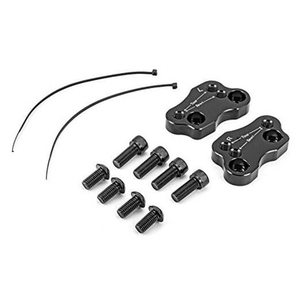 Handlebar riser adapter kit with two metal clamps, bolts, and curved cable pieces