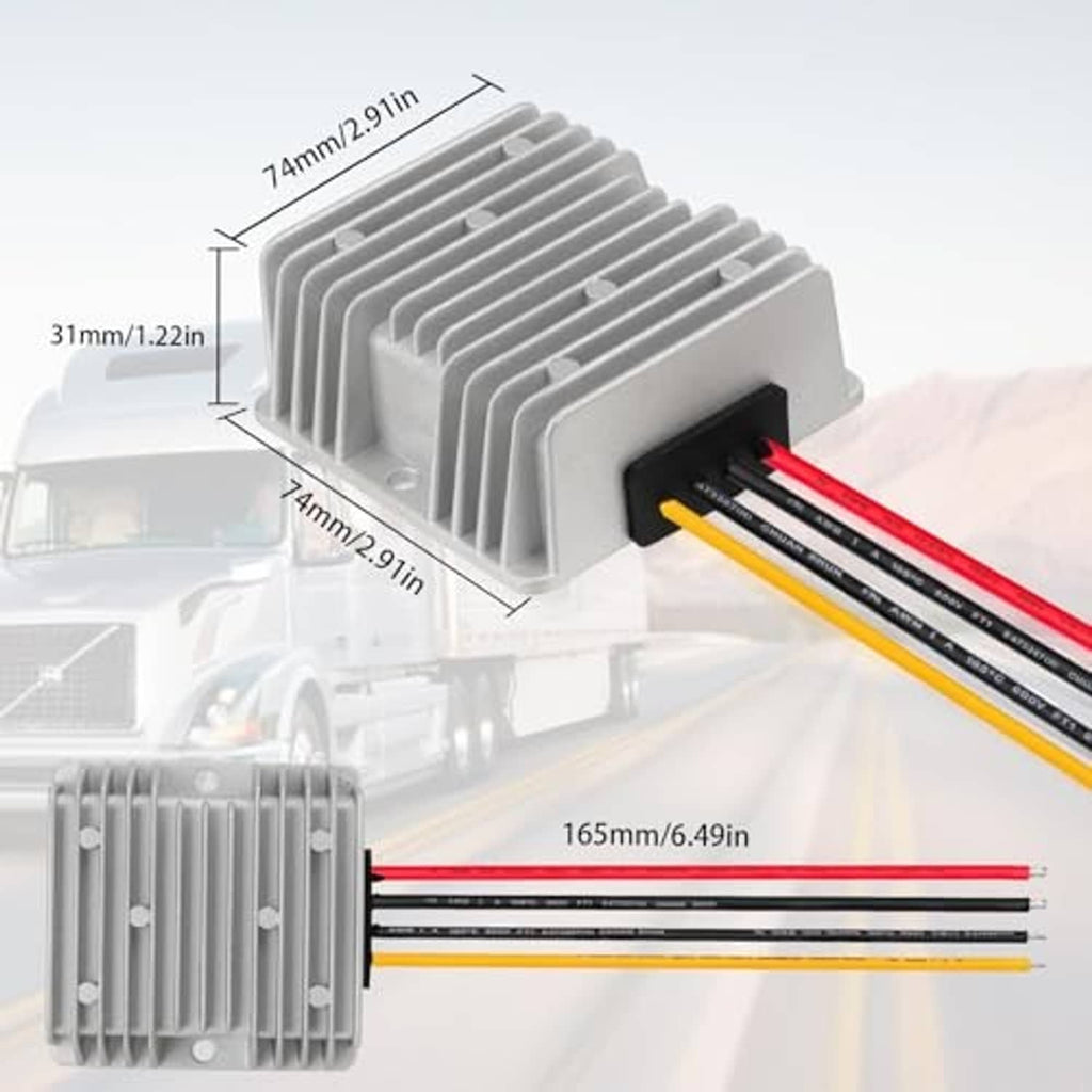 Compact buck-boost converter with finned heatsink and red, black, yellow wires