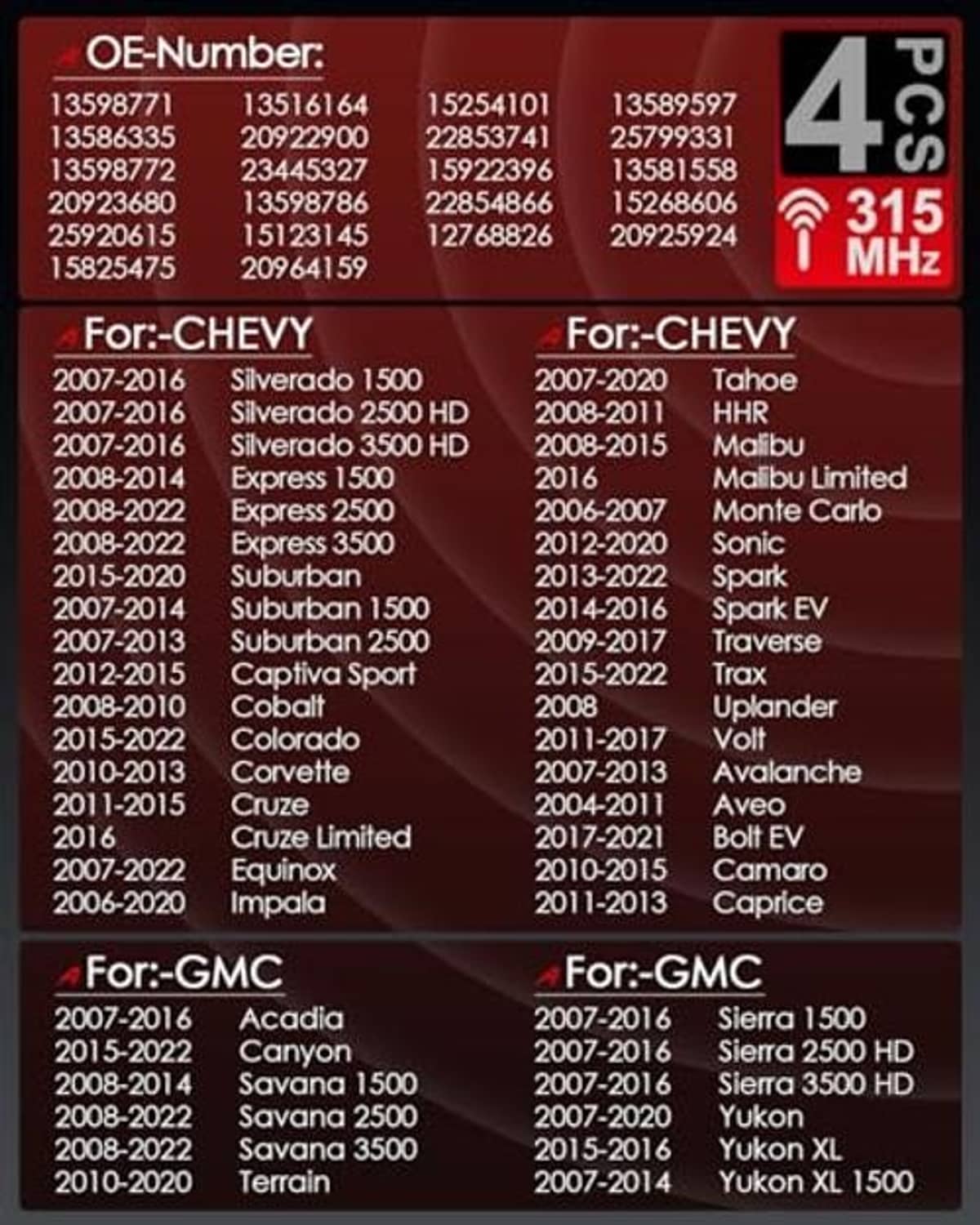 TPMS sensor compatibility chart with OE numbers and for-Chevy model list.