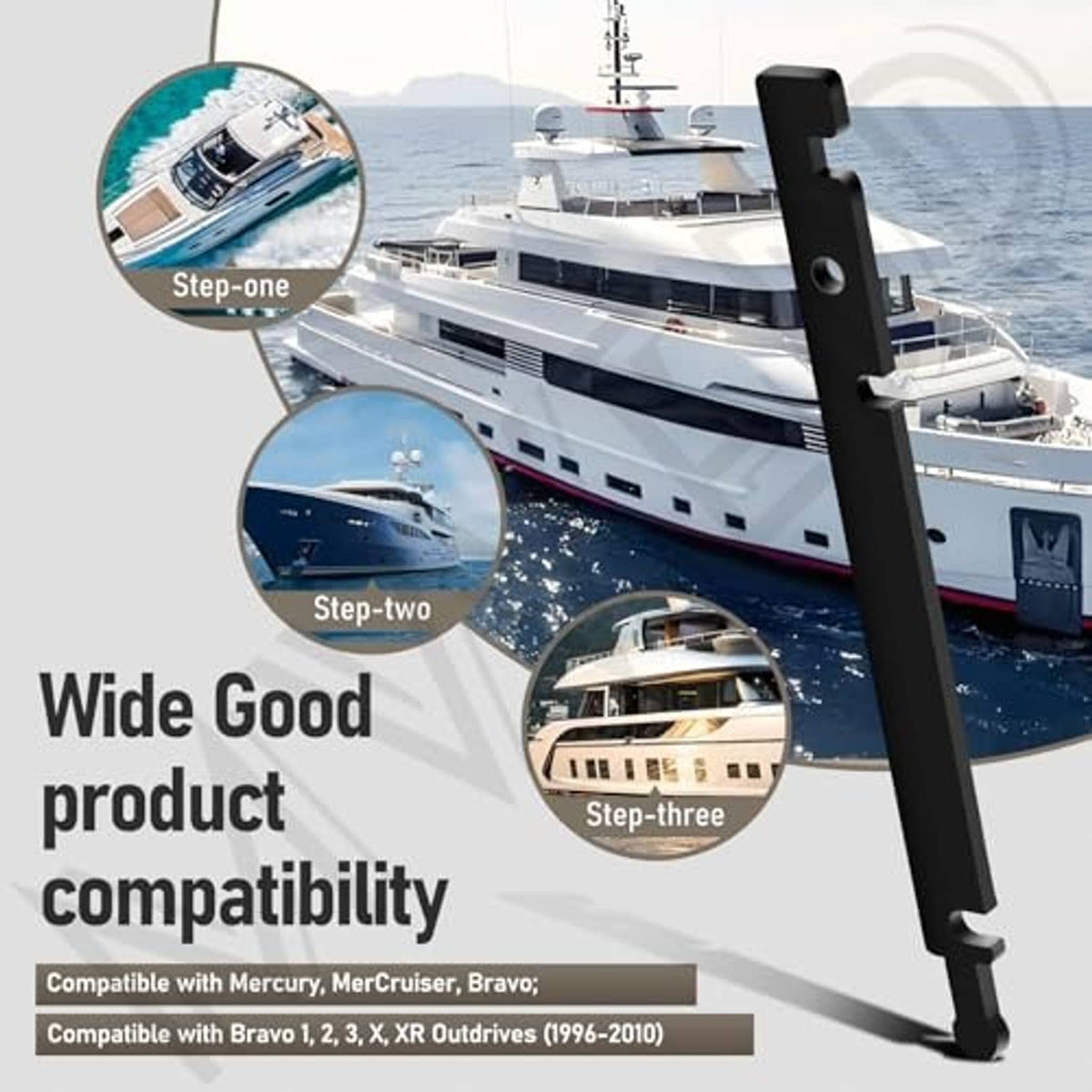 Outdrive shift cable adjustment tool, black bar with end hook and mounting hole