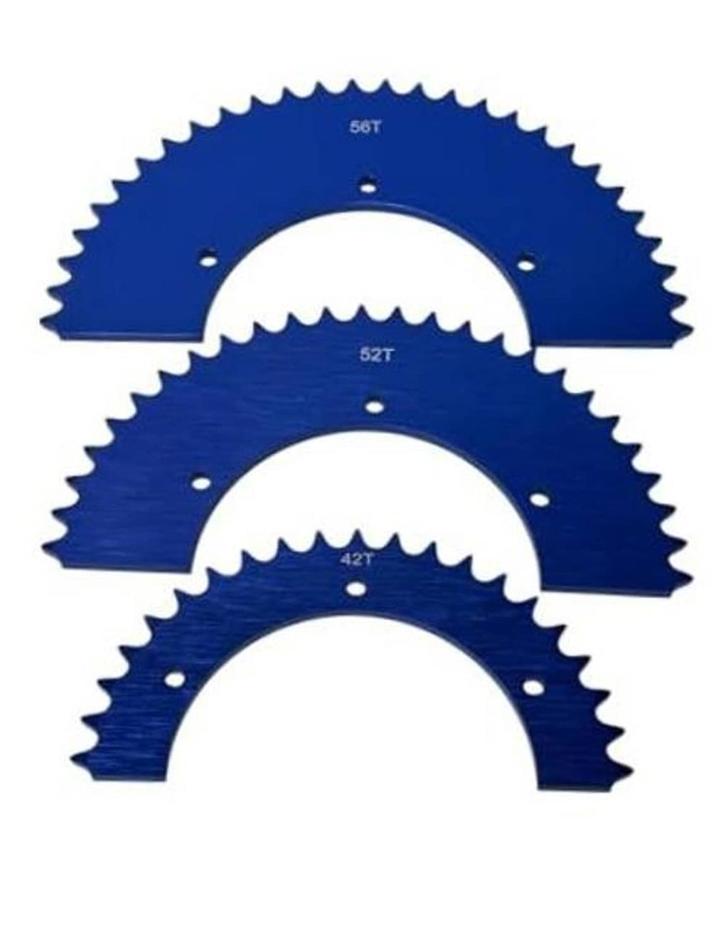 Blue aluminum split sprocket set with tooth arcs, marked 56T, 52T, 42T