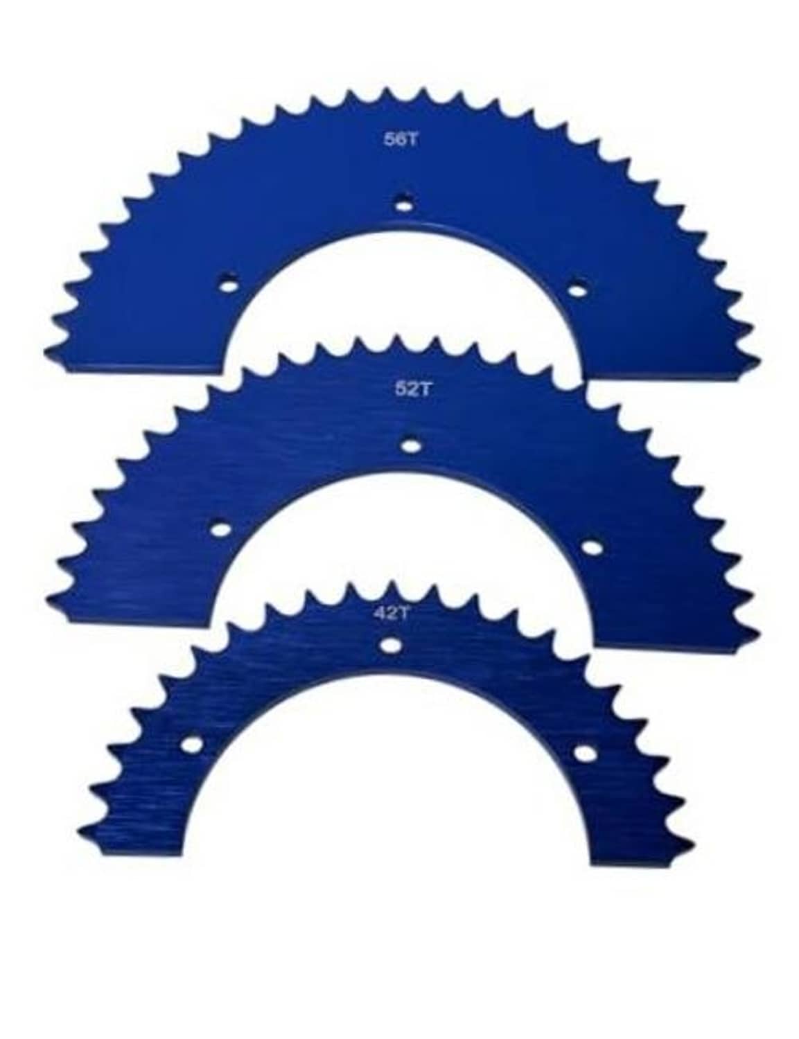 Blue aluminum split sprocket set with tooth arcs, marked 56T, 52T, 42T
