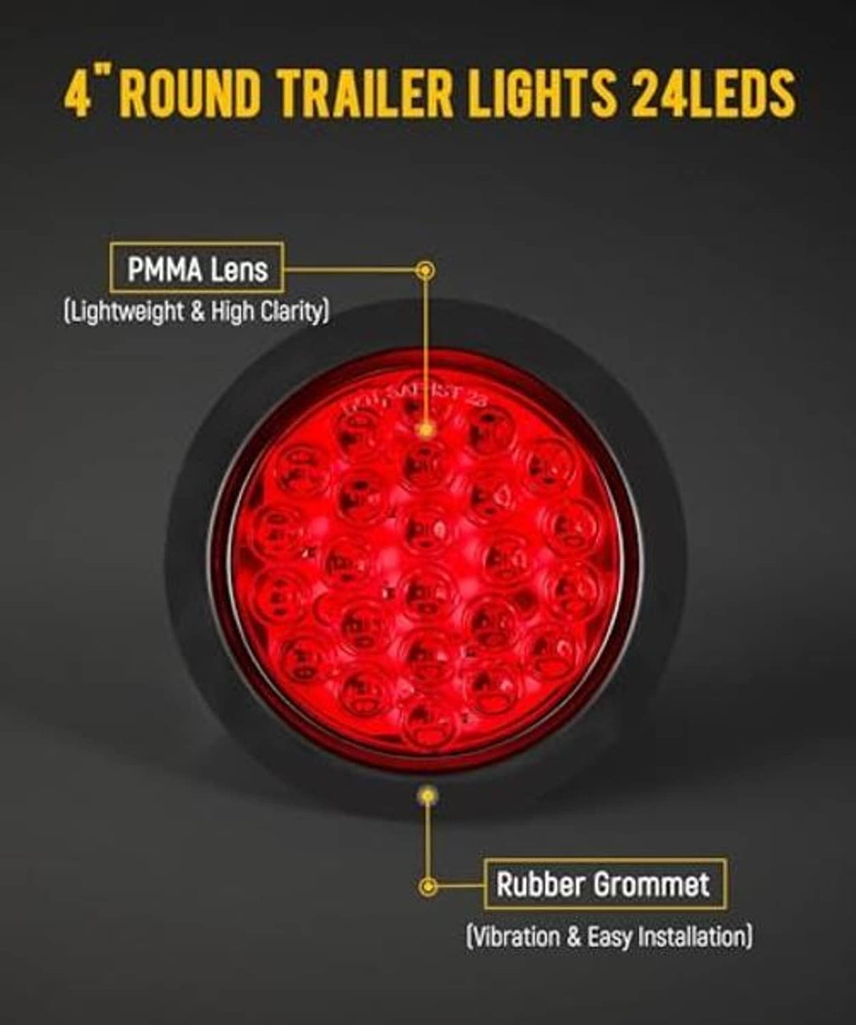 Single 4-inch round red LED trailer light with PMMA lens and rubber grommet detail.
