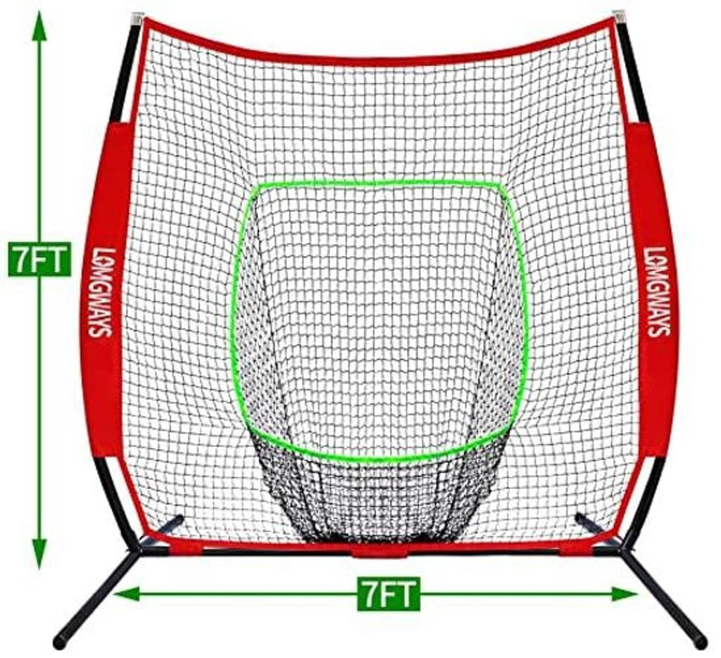 Red practice net with white mesh and green trim on a pop-up frame