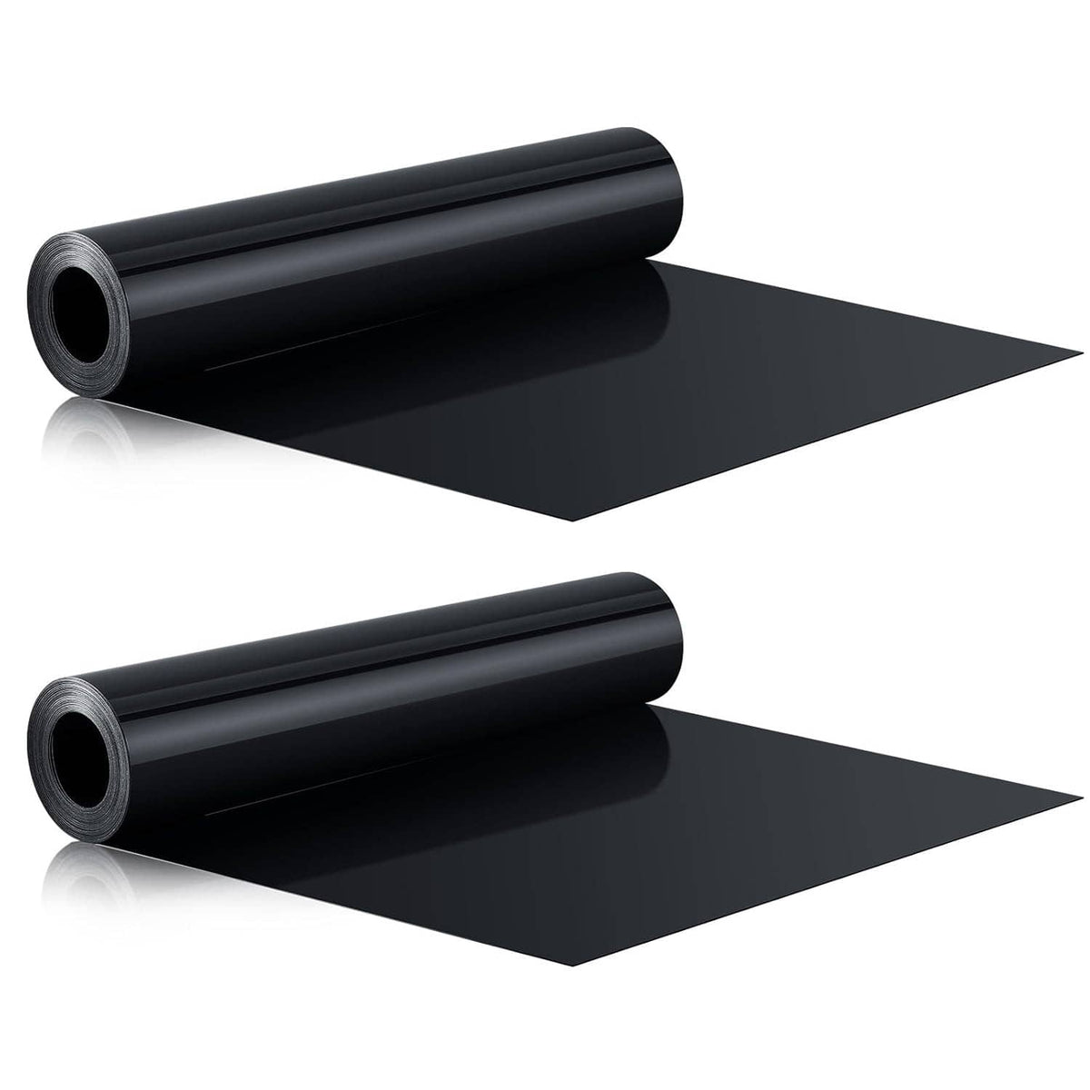 Two black HDPE waterproof drainage membrane rolls with flat, smooth sheets