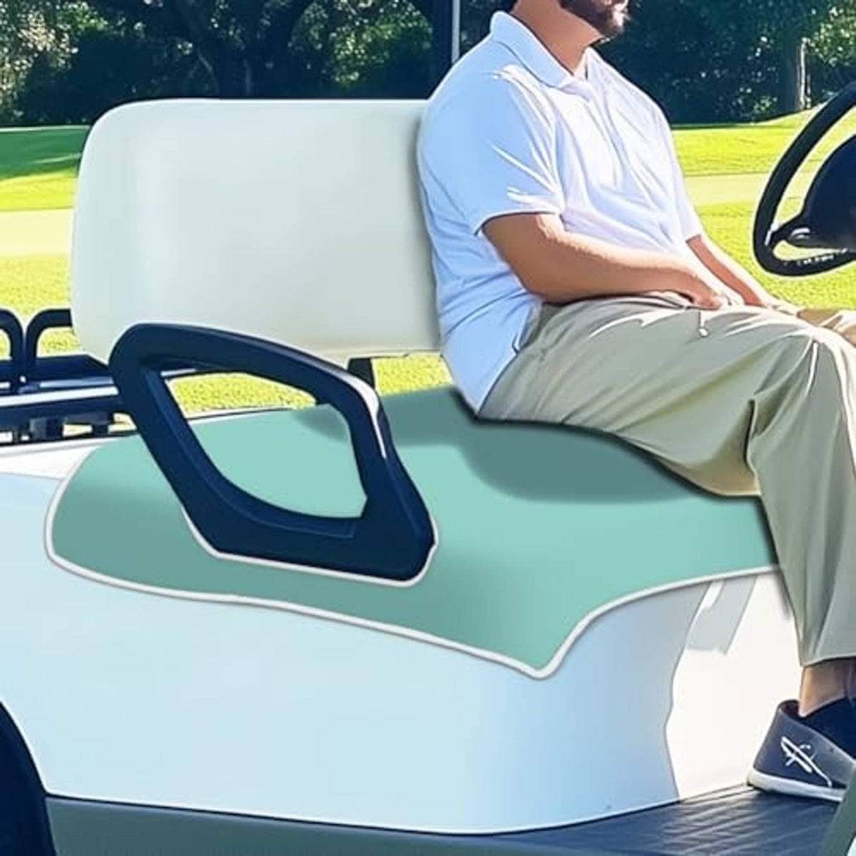 Mint microfiber golf cart seat cover with contoured edges and fitted armrest openings