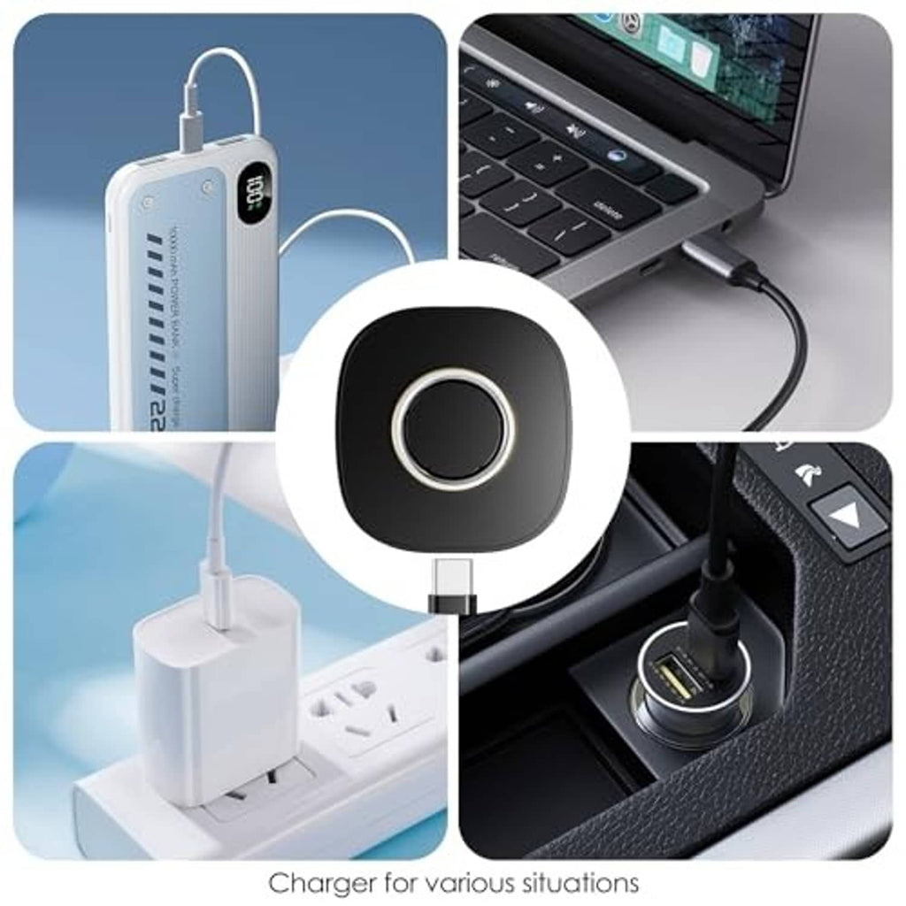 Black charging dock with gold ring connected to USB-C for multiple devices