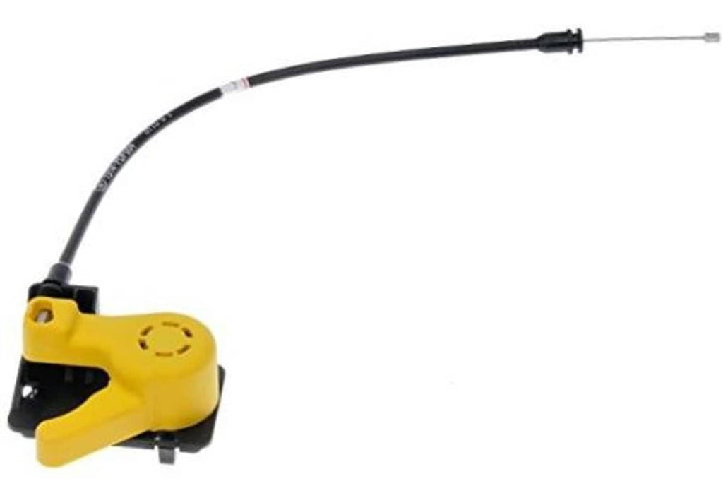 Yellow front hood release cable latch with black mounting housing and long cable