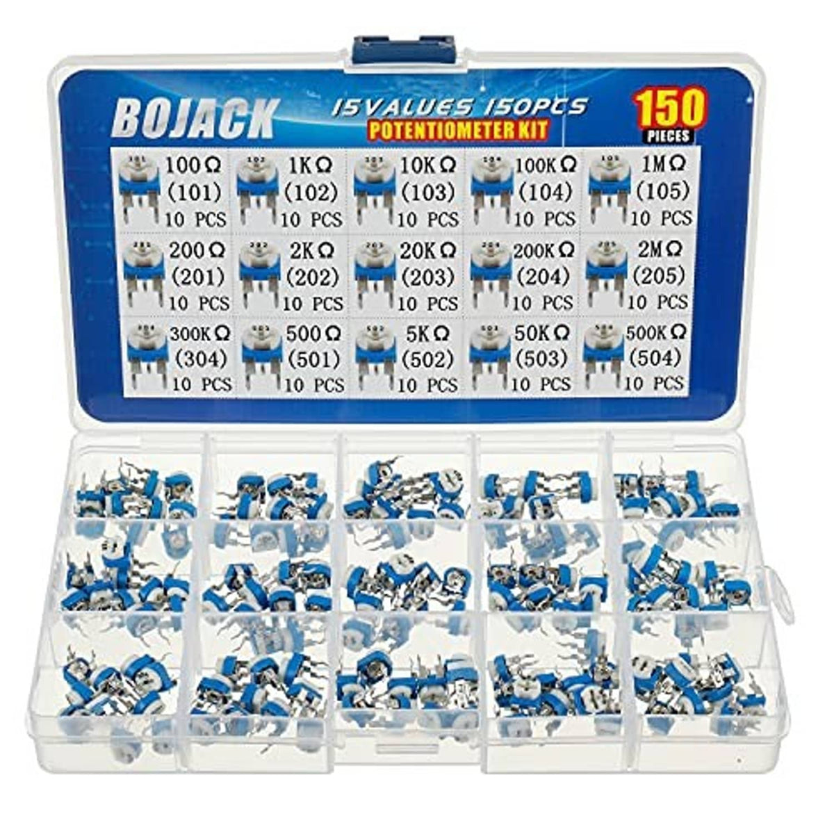 Potentiometer kit open case showing 150 blue 6mm potentiometers in compartments