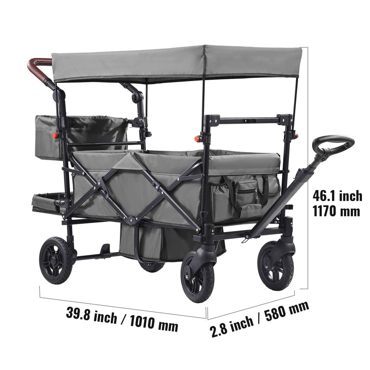 Double wagon stroller with dark gray canopy and two-seat bench configuration
