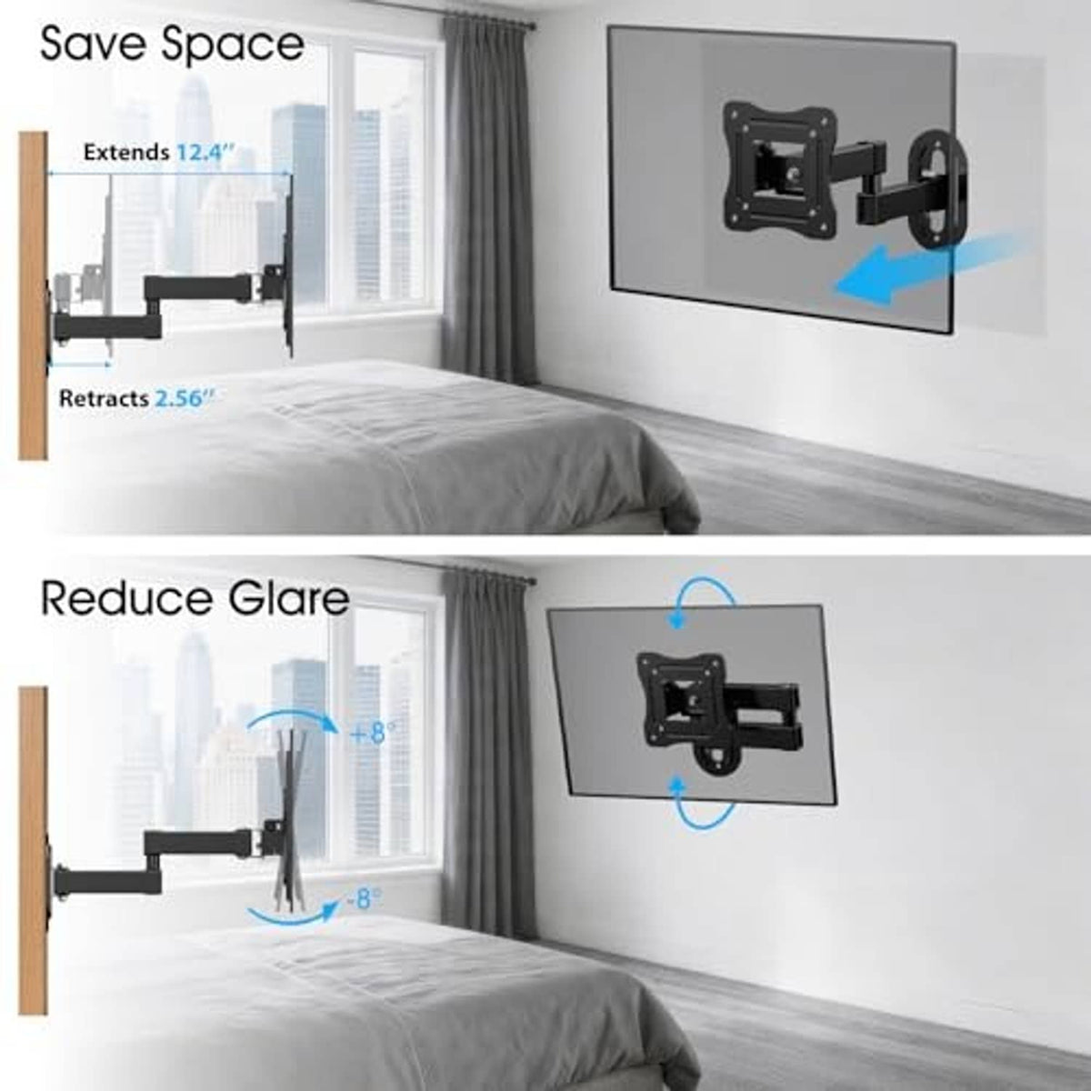 Full motion TV wall mount in bedroom setup with extended and retractable arm, black