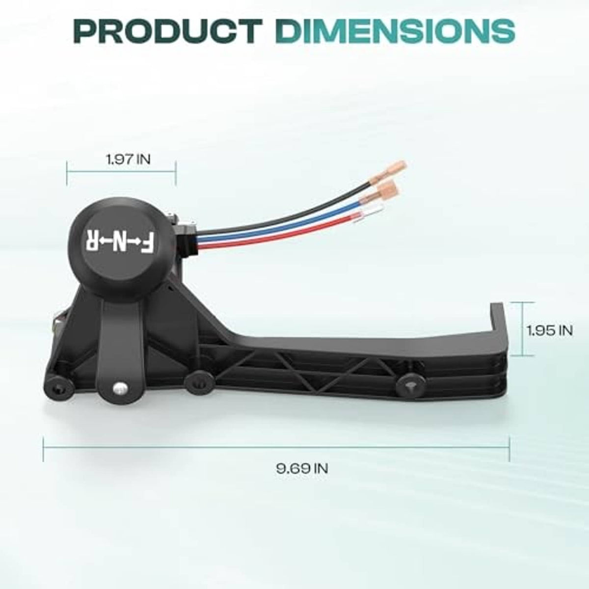 Forward and reverse shifter assembly with F-N-R handle shown with product dimensions