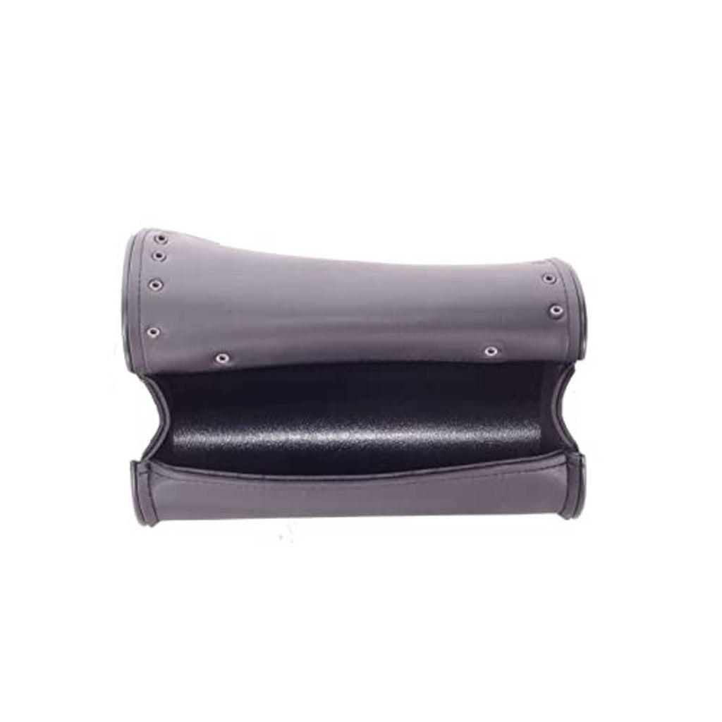 Black cylindrical motorcycle storage bag with studded edge and snap buttons