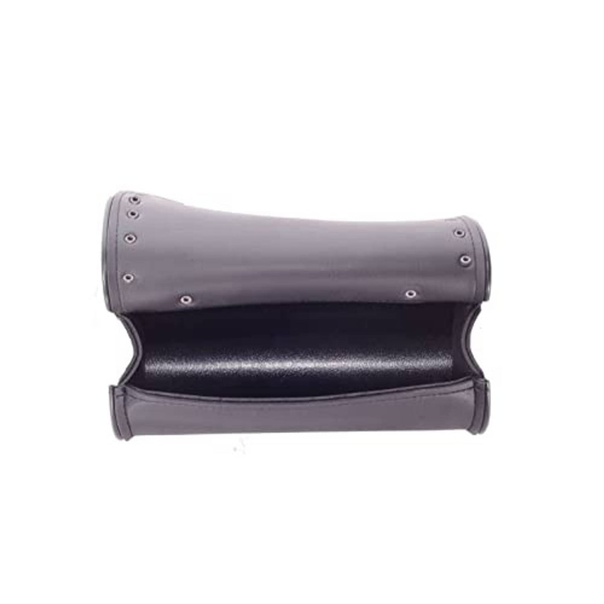 Black cylindrical motorcycle storage bag with studded edge and snap buttons