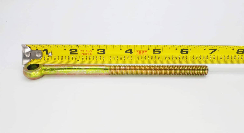 Deck lift link with threaded shaft and ring end; length shown on tape measure