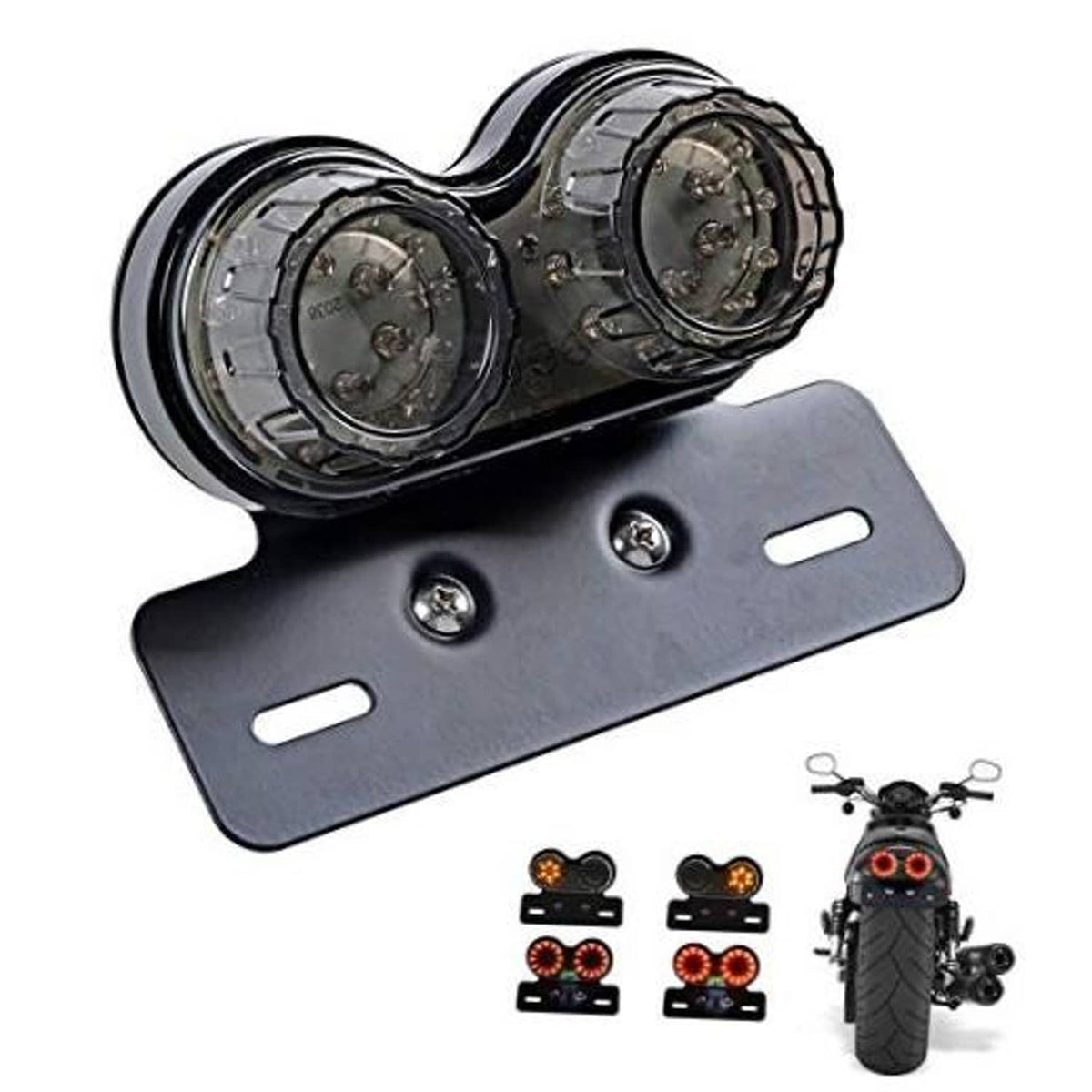 Motorcycle tail light with black dual round lenses and license plate mounting bracket