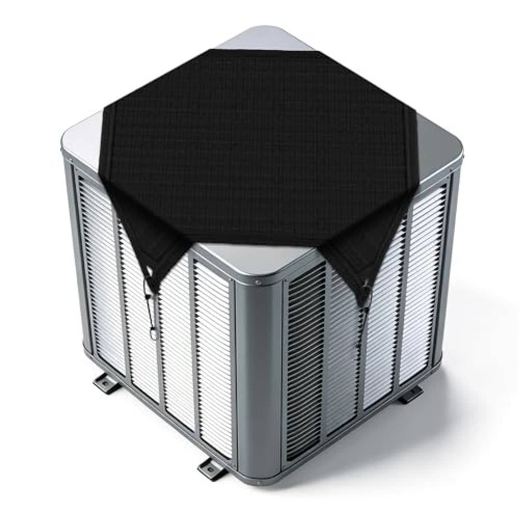 Waterproof vinyl AC unit cover in black, fitted top and secured side tie cords.