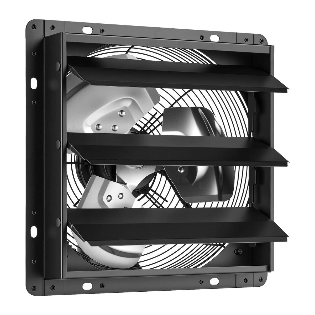 Black wall-mounted exhaust fan with visible fan blades behind four louvers