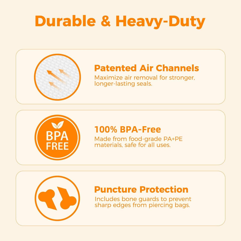 Vacuum sealer bag rolls with air channels, BPA-free material, puncture protection