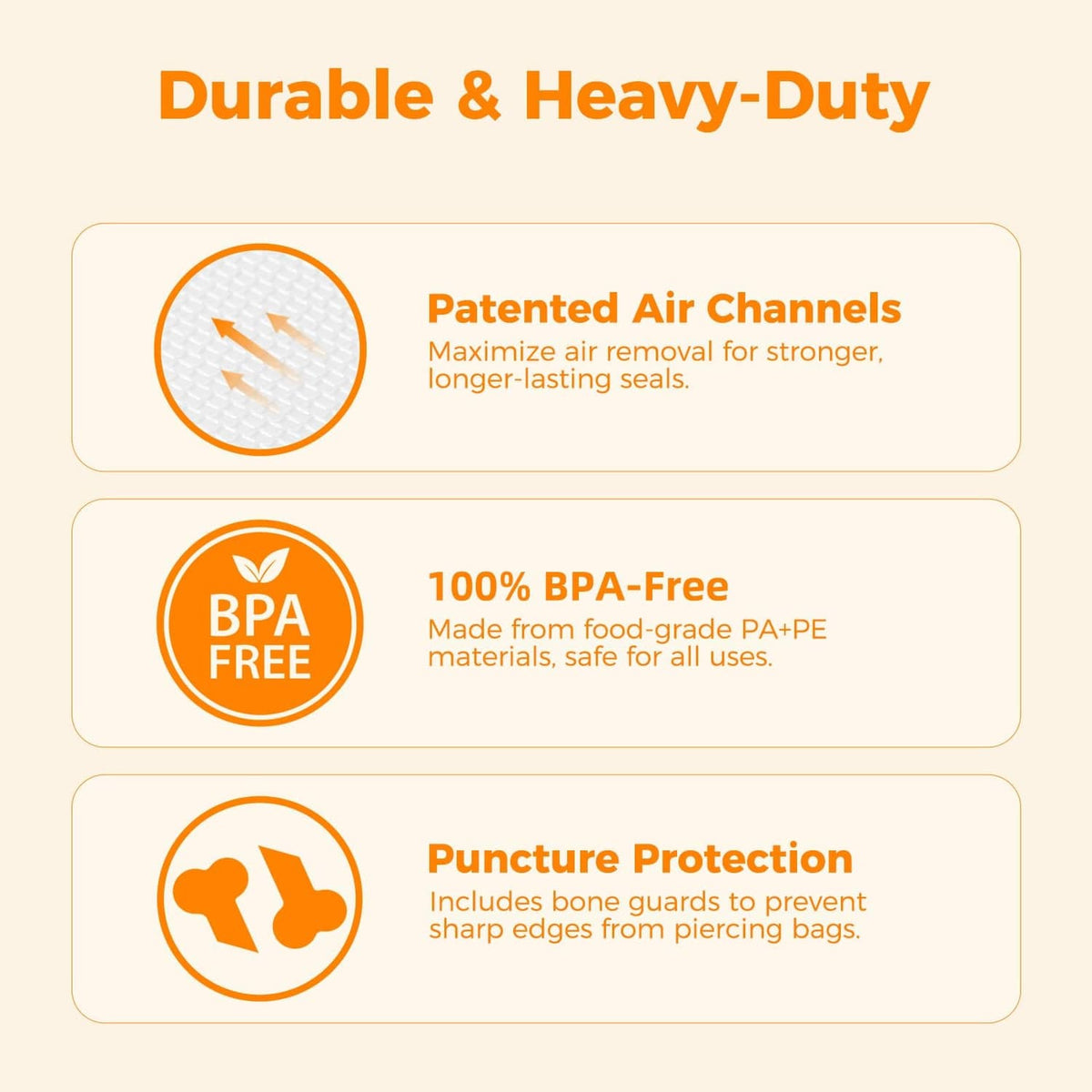 Vacuum sealer bag rolls with air channels, BPA-free material, puncture protection