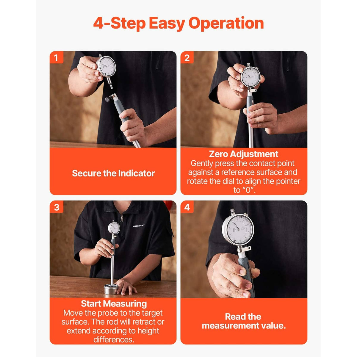 Dial test indicator bore gauge showing four-step operation for measuring