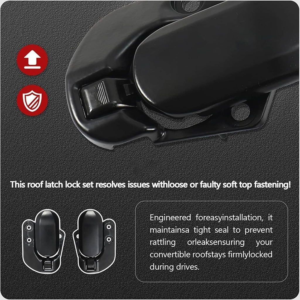 Black roof latch lock mechanism with release tab and mounting points on a dark panel