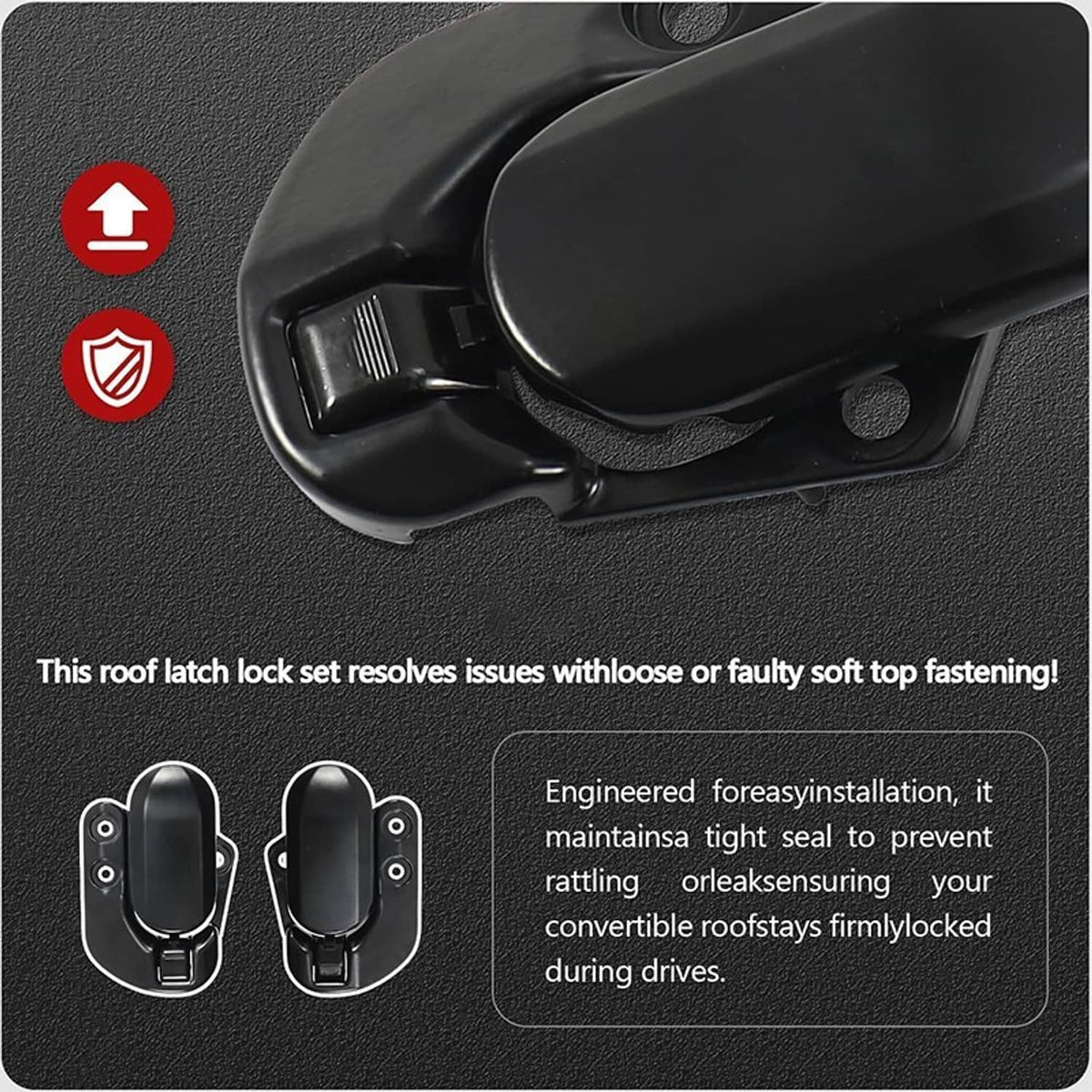 Black roof latch lock mechanism with release tab and mounting points on a dark panel