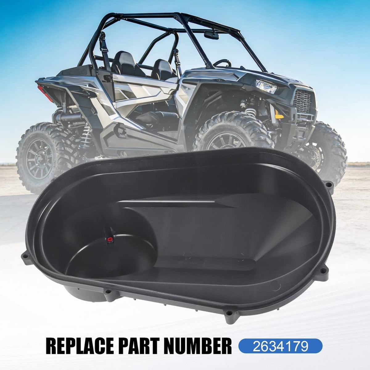 Matte black outer clutch cover housing, oval shape with mounting bolts