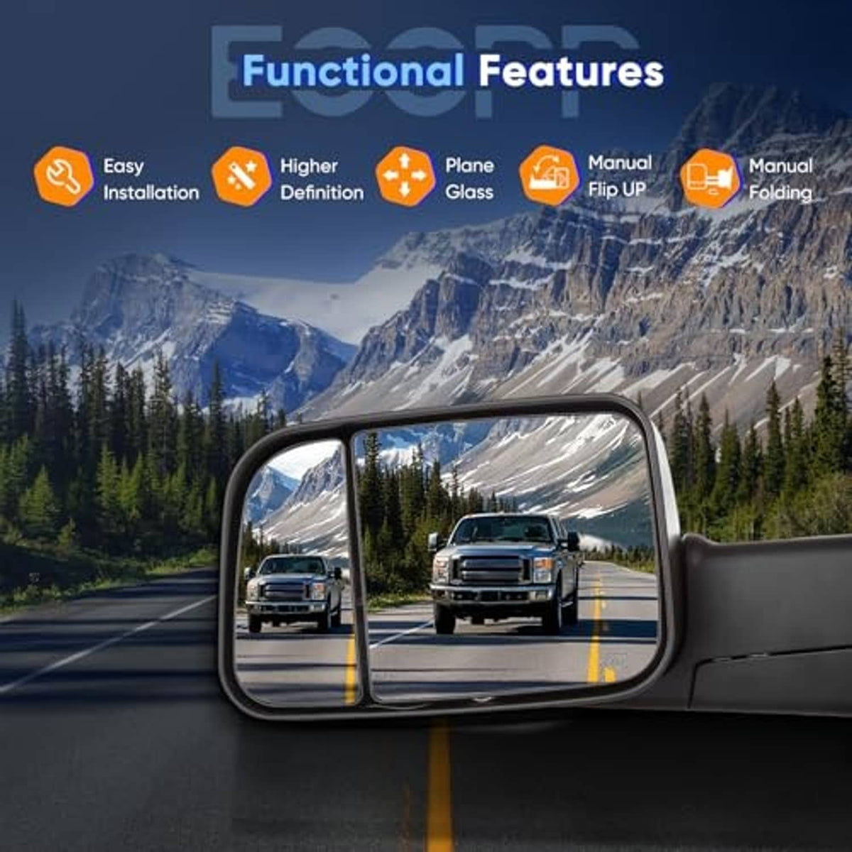 Heated glass towing mirror with black housing mounted on truck side