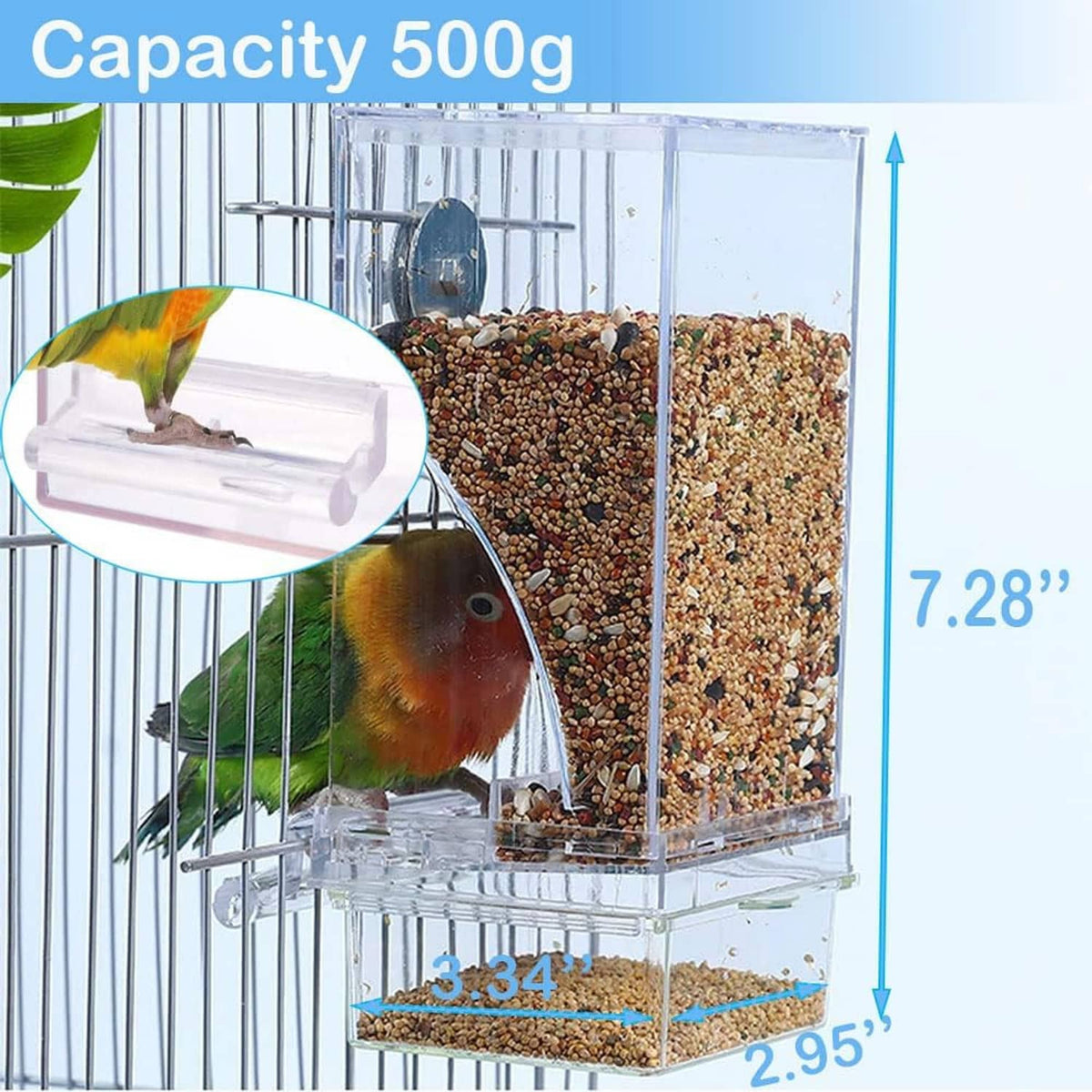 Clear automatic bird feeder with mixed seed load, round dispenser, green perch bird