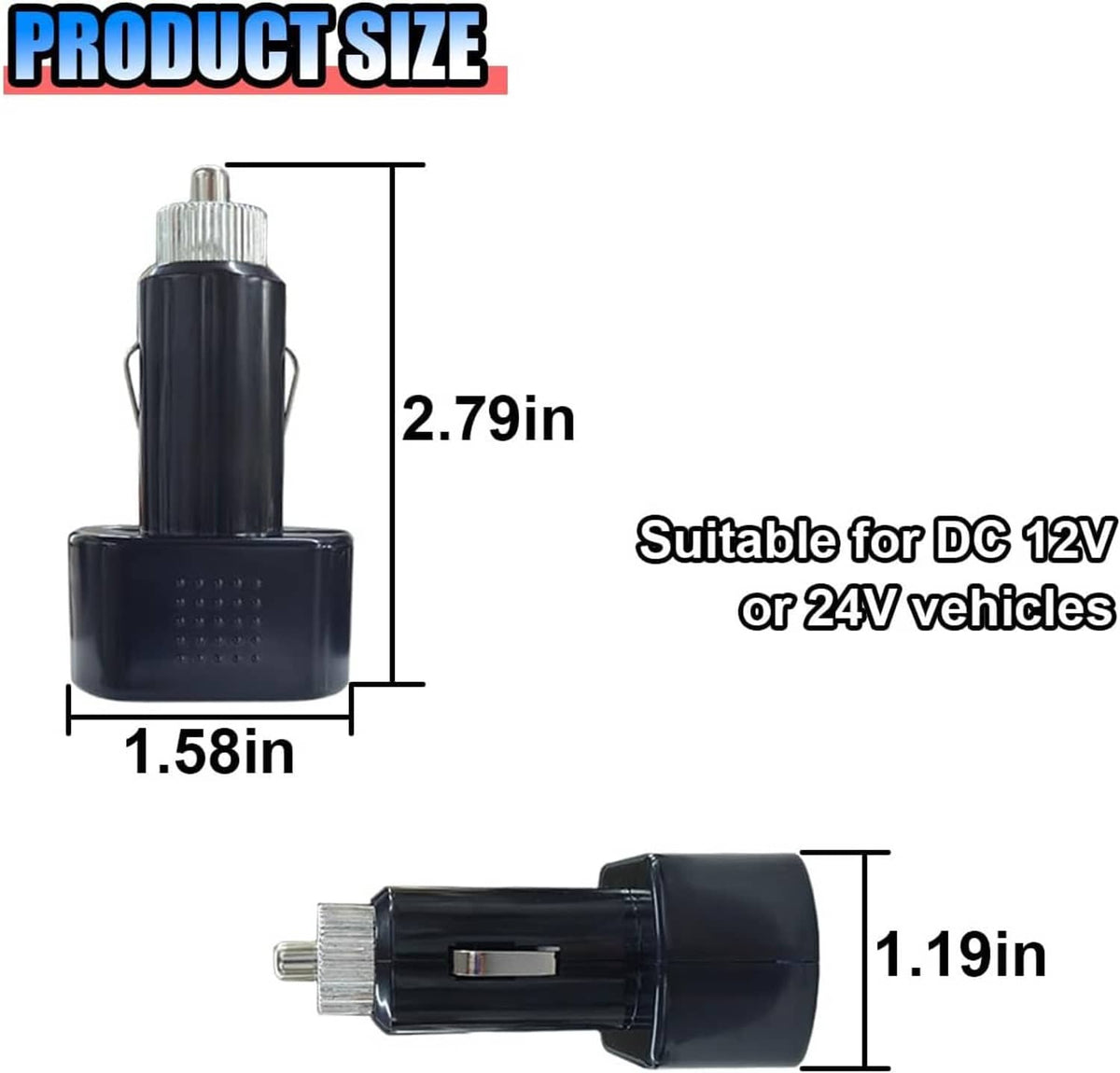 Digital car voltmeter with black body, silver plug, and blue LED display; size view