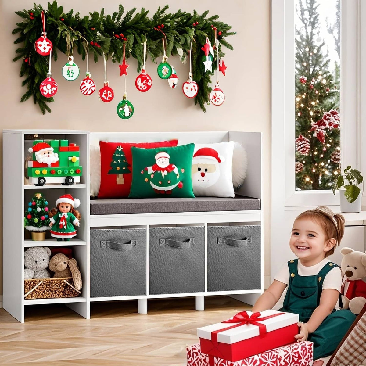 Gray foldable fabric storage cubes with handles, shown as shelf bins