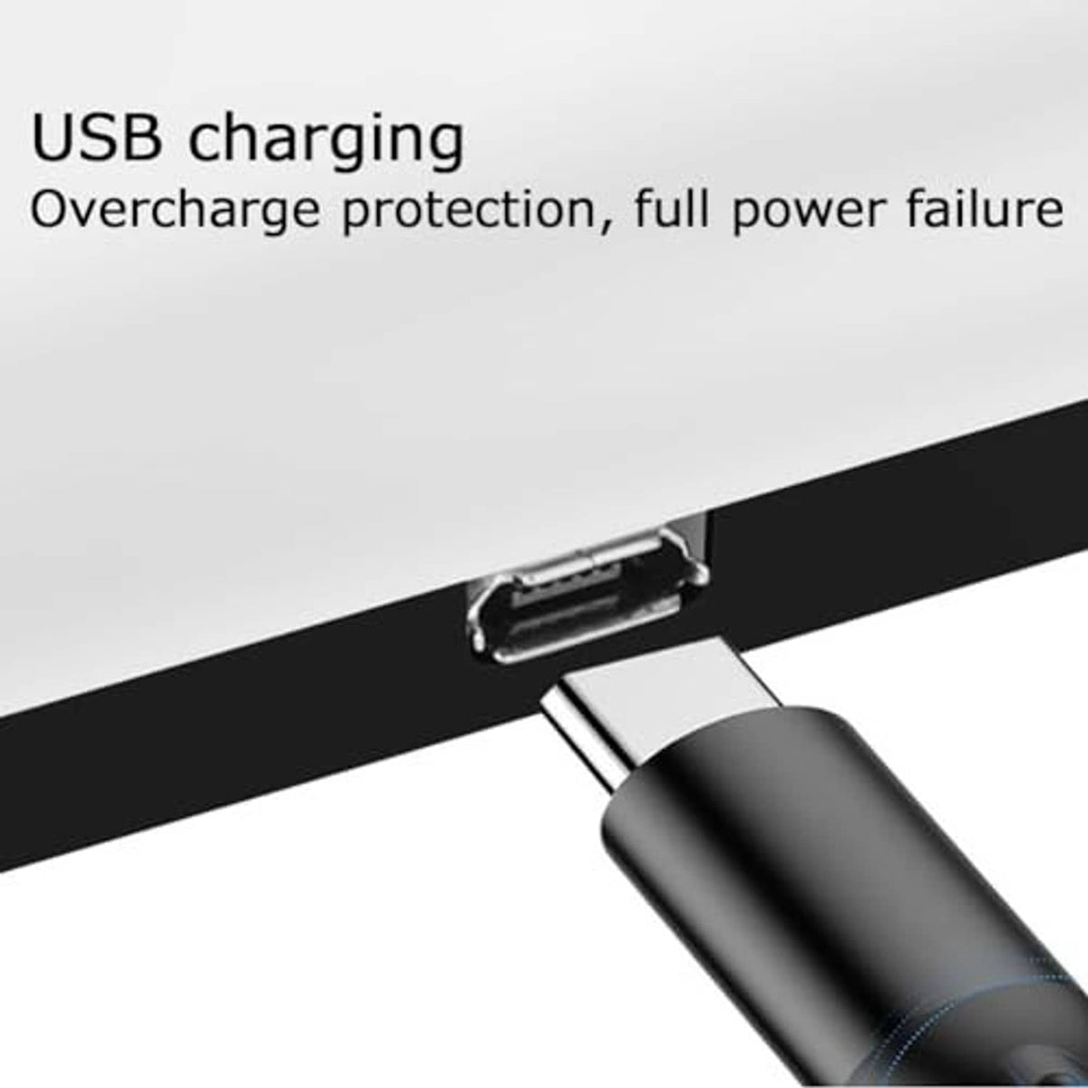 USB charging port on black rechargeable LED light bar, showing connector plug