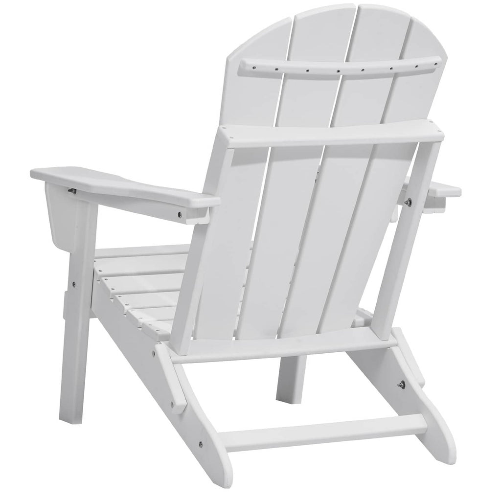 White folding Adirondack chair angled view with slatted backrest and leg support frame