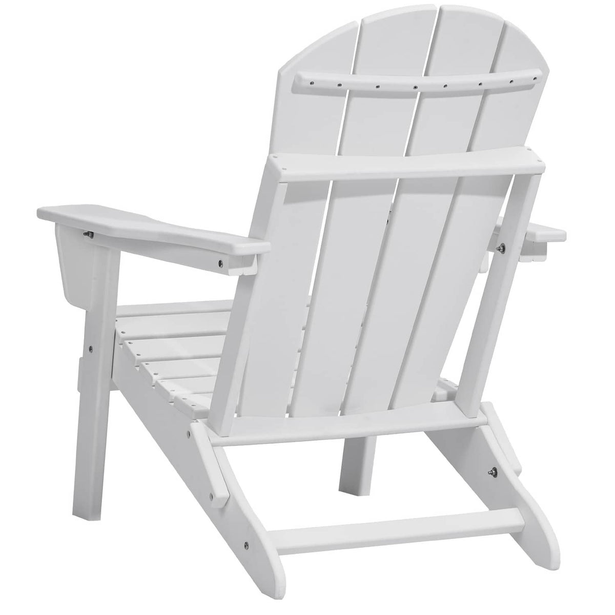 White folding Adirondack chair angled view with slatted backrest and leg support frame