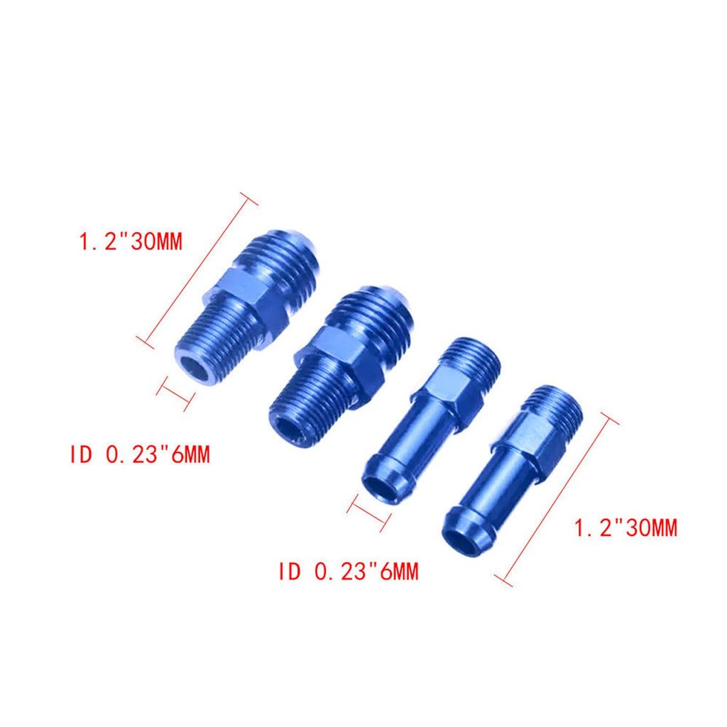Set of four blue fuel regulator fittings, threaded metal couplers