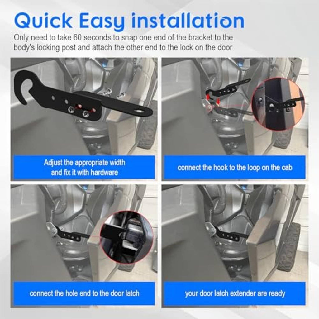 Black UTV door latch extender installation steps showing attachment points and hardware