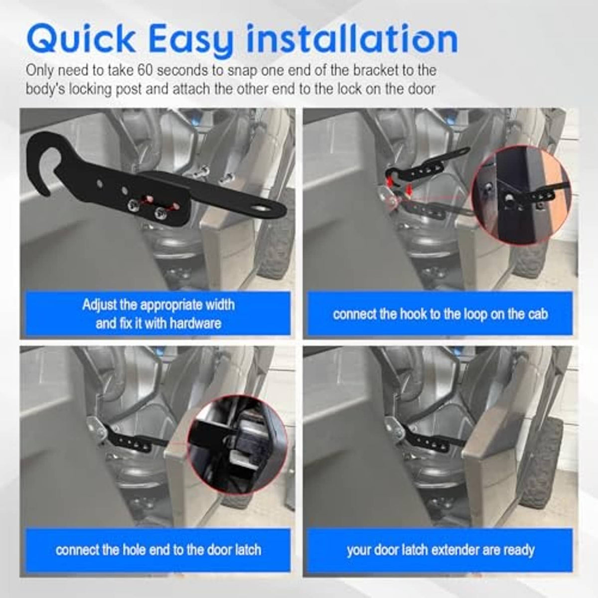 Black UTV door latch extender installation steps showing attachment points and hardware