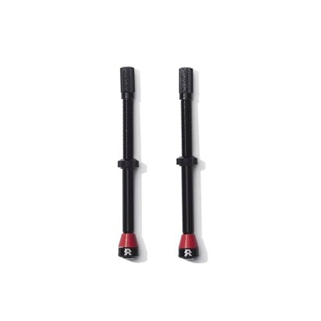Two black 90mm tubeless bike valve stems with red base tips