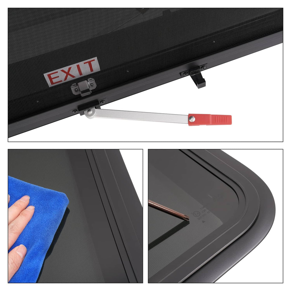 RV exit window frame detail with red push handle and EXIT label on dark glass