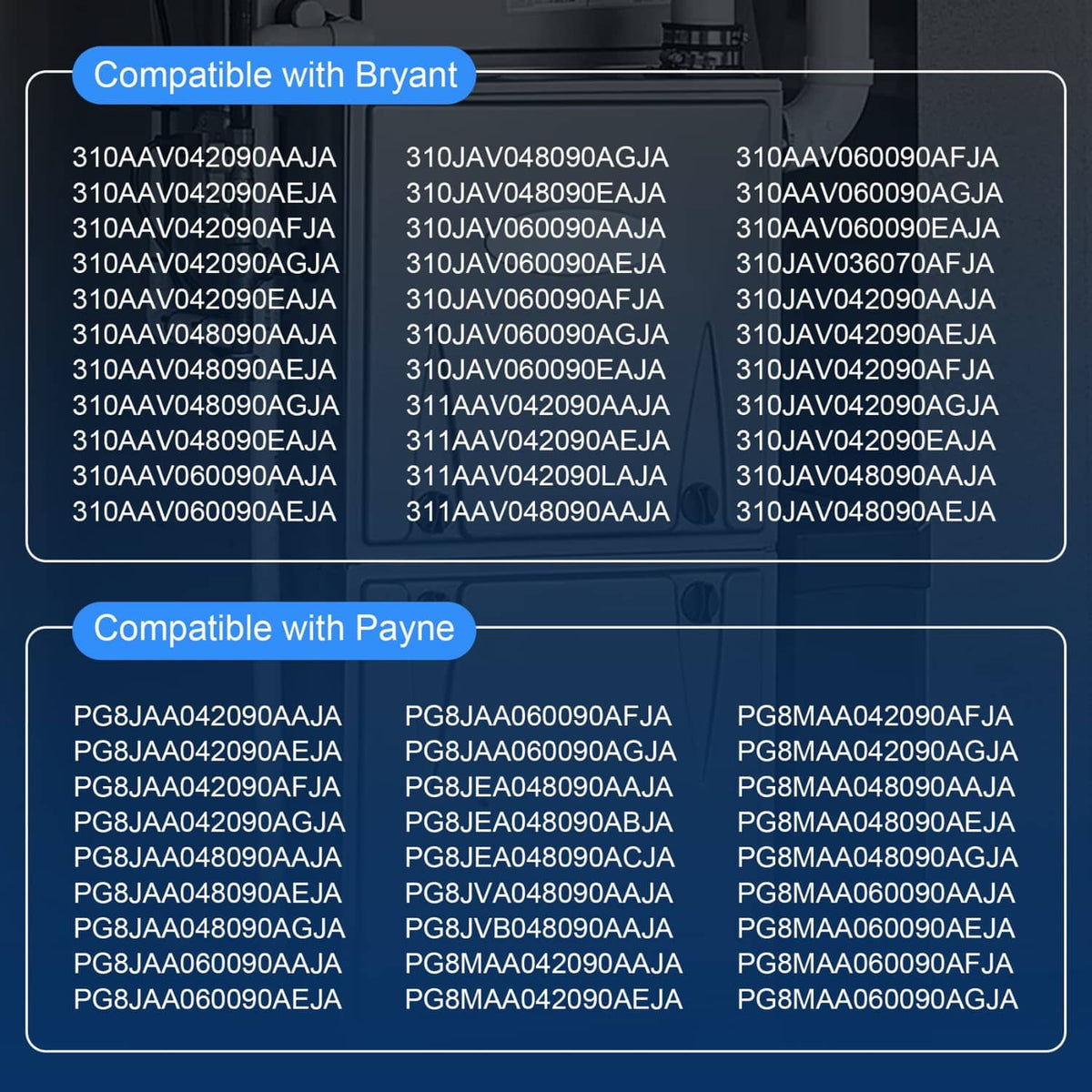 Compatibility list for Bryant and Payne model numbers for furnace draft inducer motor